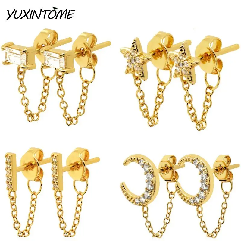 

925 Sterling Silver Ear Needle Pave Moon/Star/Rectangular Zircon Chain Stud Earrings Women's Niche luxury Earrings Jewelry Gift