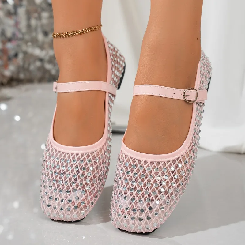 Womens Fashion Sparkling Rhinestone Mesh Mary Jane Shoes Ballet Flat Breathable Crystal Fishnet Flat Shoes Buckle Strap Ladies