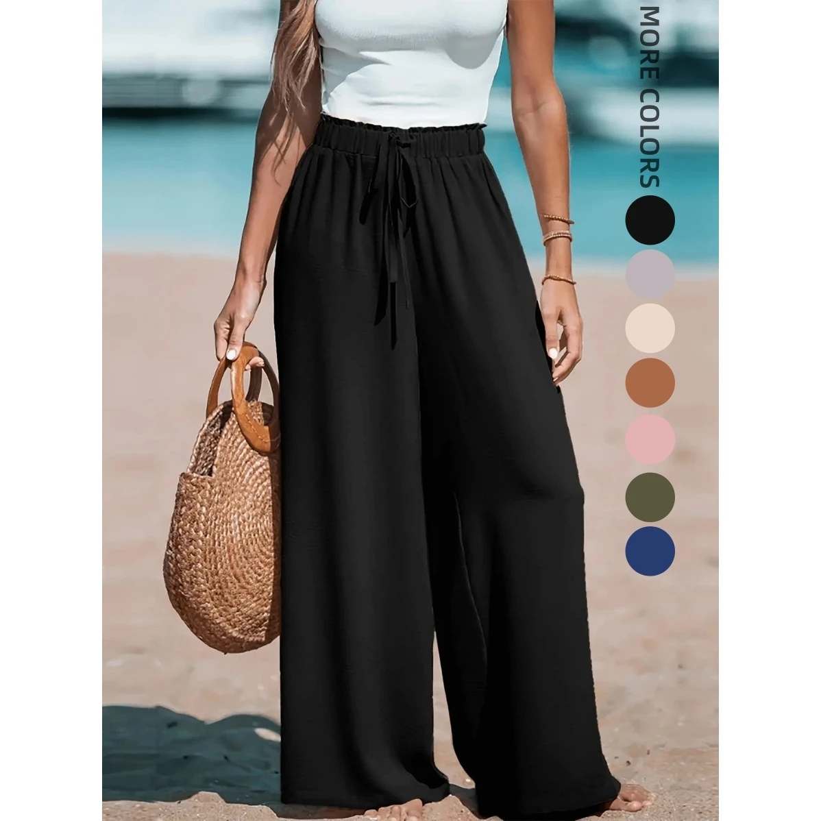 Comfortable Wide Leg Pants for Women Cross-Border Pure Color Ladies Long Trousers Polyester Casual Style Fashionable Spring S...