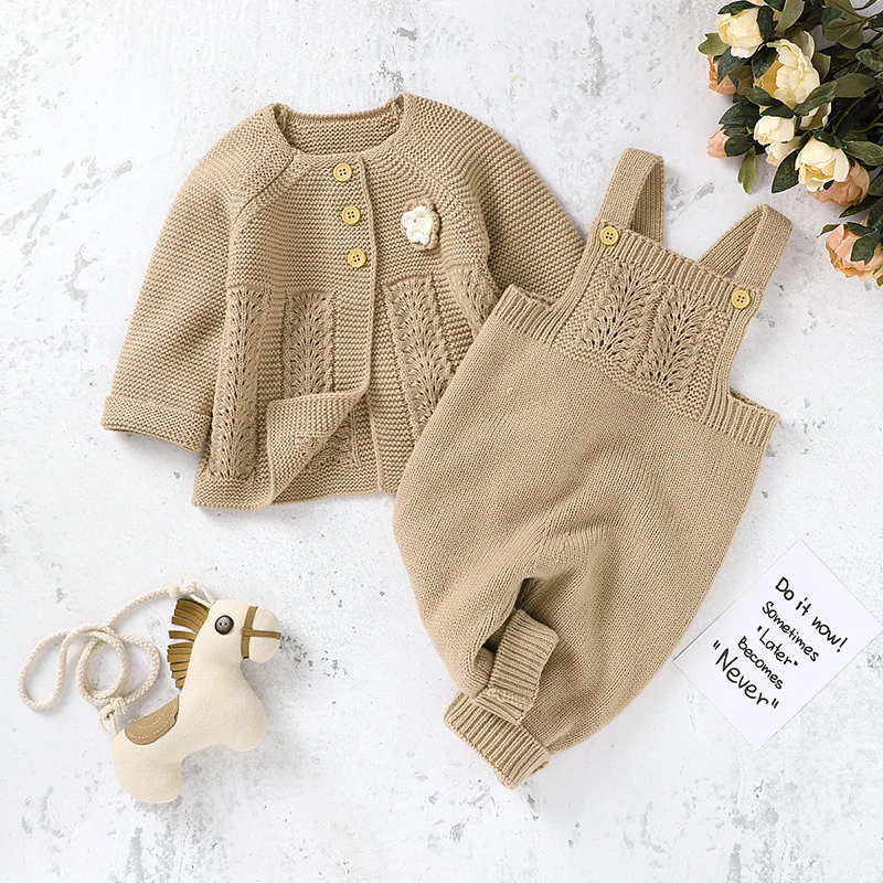 Winter Warm Knitted Baby Girls Clothes Sets Autumn Long Sleeves Floral Jackets+Rompers Newborn Infant Kids 2pcs Outfits Costumes