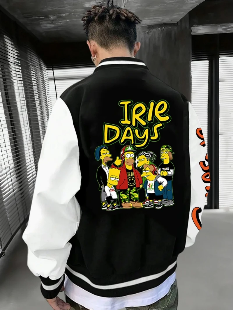 

Мужские бейсбольные куртки The Simpsonons хорошо продаются осенью и зимой. Бейсбольная куртка в стиле ретро IRIE DAYS с принтом и текстом