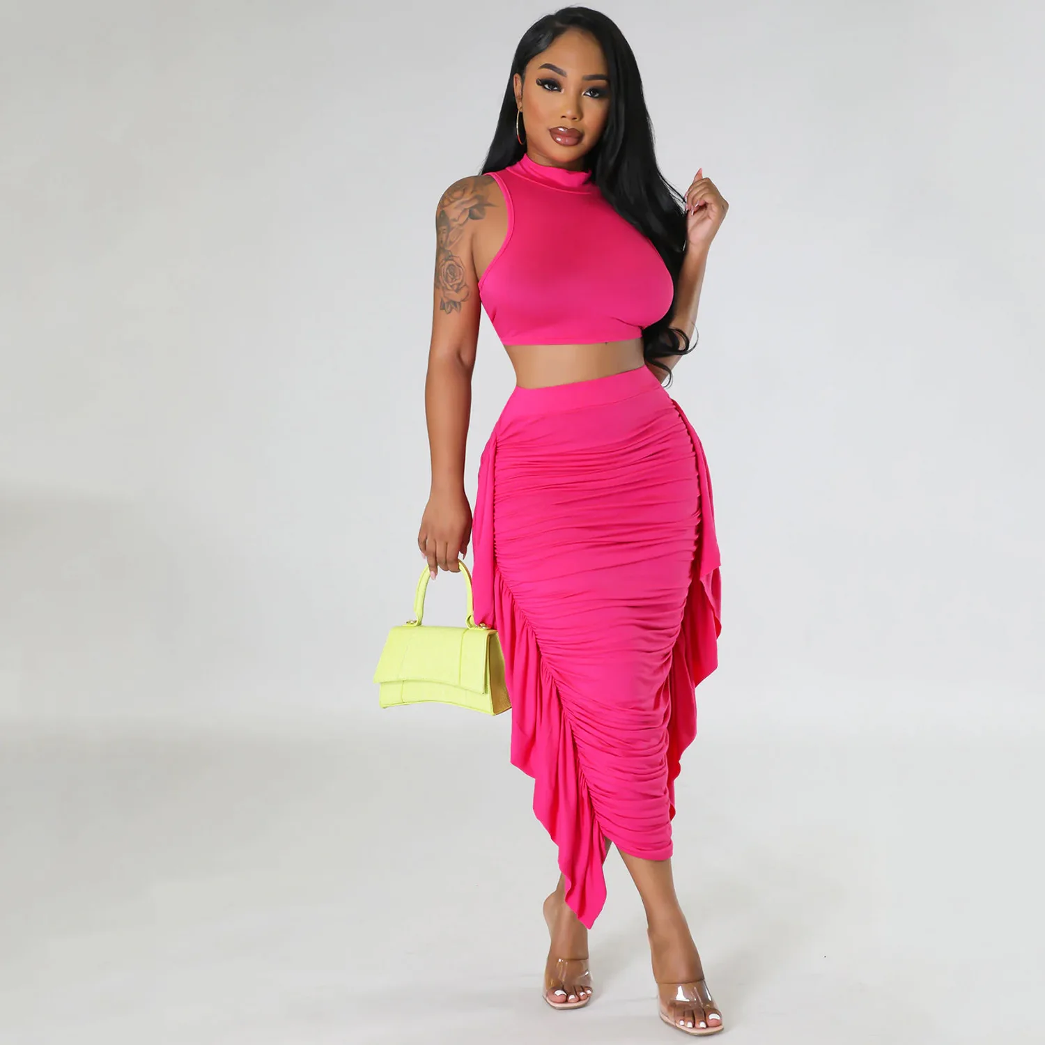 Casual O-collar Sleeveless Bandage Tight Vest and Pure Color of Tall Waist Ruched Midi Skirt Streetwear Two Piece Set for Women