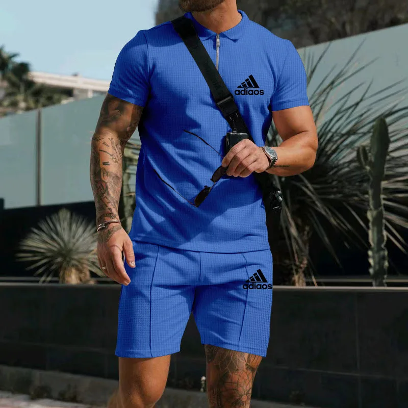 Summer Waffle Short-sleeved Zip-up POLO shirt+shorts Fashion Lapel Shirt Men\'s Casual T-shirt Shorts Trend Solid color tracksuit