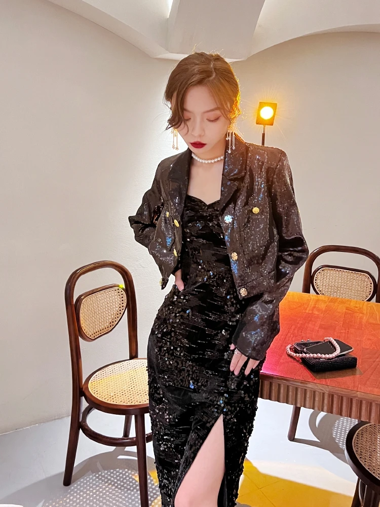 Black Glitter Women's Party Loose Bling Short Suit Jacket New Ladies 2023 Spring Trend Elegant High Street Annual Meeting Coat