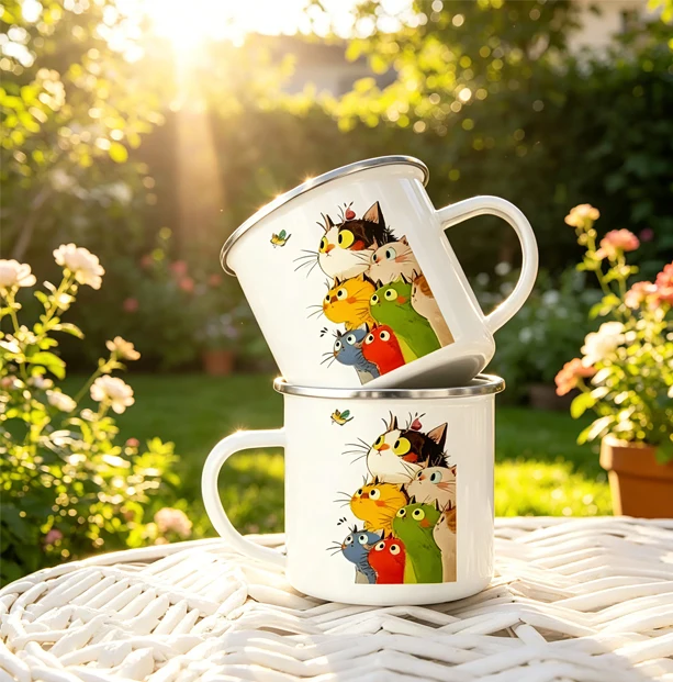 Double-sided Cat Enameled Coffee Mug - White Stainless Steel Travel Mug with Multiple Cat Designs, Perfect Gift for Cat Lovers,