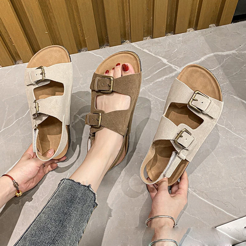 2023 Summer Women\'s Sandals Cow Suede Leather Cork Sandals Woman Two Buckle Outdoor Beach Sandals Girls Retro High Quality