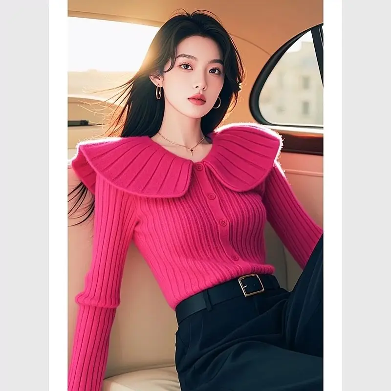 

2024 Autumn Korean Style Fashion Fragrance Style Knitted Sweaters High-end Doll Collar Slim Bottoming Shirts Sweaters for Women