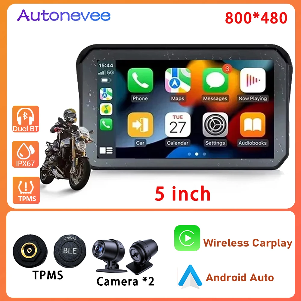 

Waterproof Wireless Carplay For Motorcycle 5'' Touch Screen Android Auto With GPS TMPS Anti-shake Night Version Cameras Video