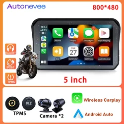 Waterproof Wireless Carplay For Motorcycle 5'' Touch Screen Android Auto With GPS TMPS Anti-shake Night Version Cameras Video