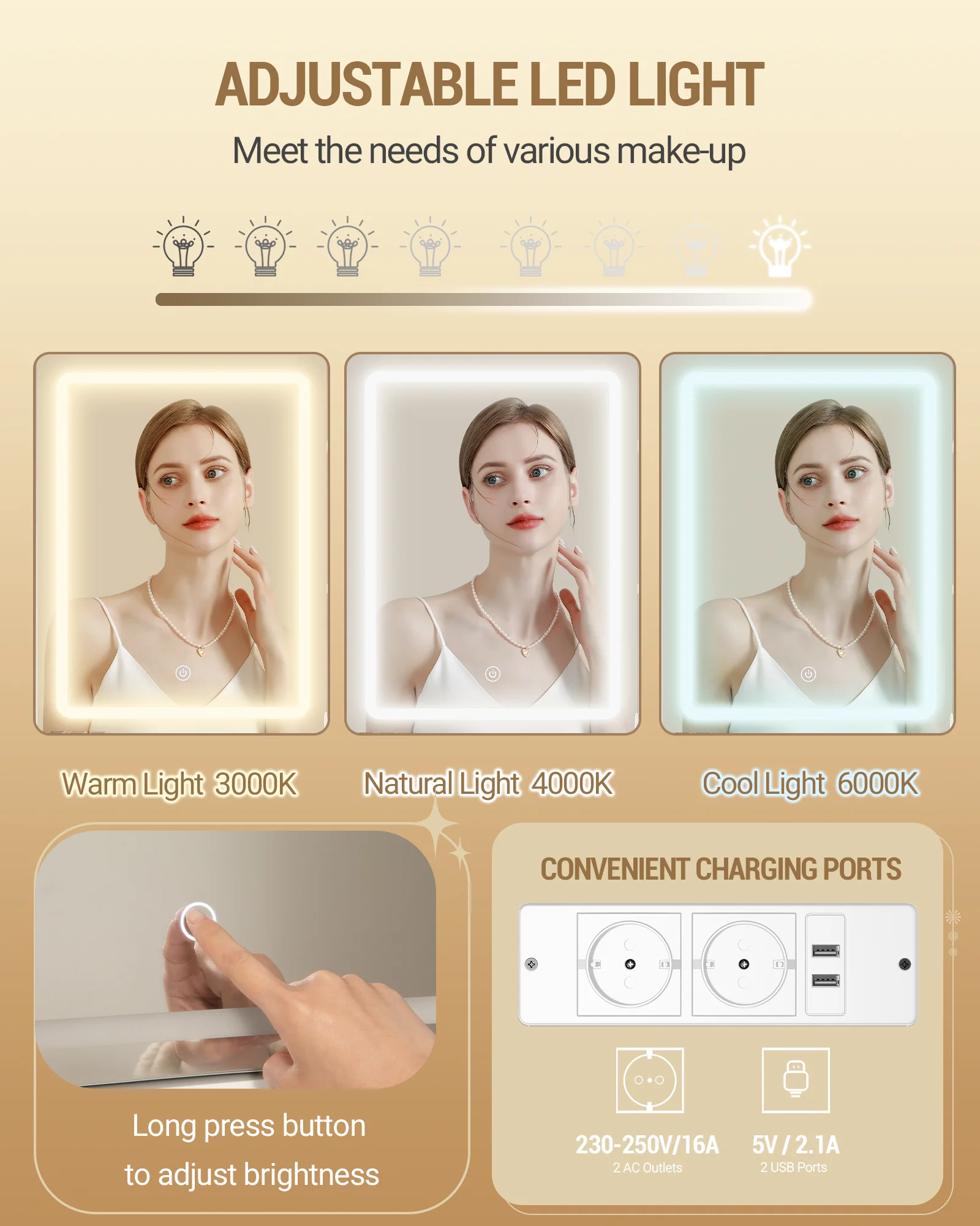 طاولة تزيين هزوانري مع ضوء LED، 2 منافذ تيار متردد و2 USB، مع درجين و4 مقصورات مفتوحة، لغرفة النوم وغرفة المعيشة