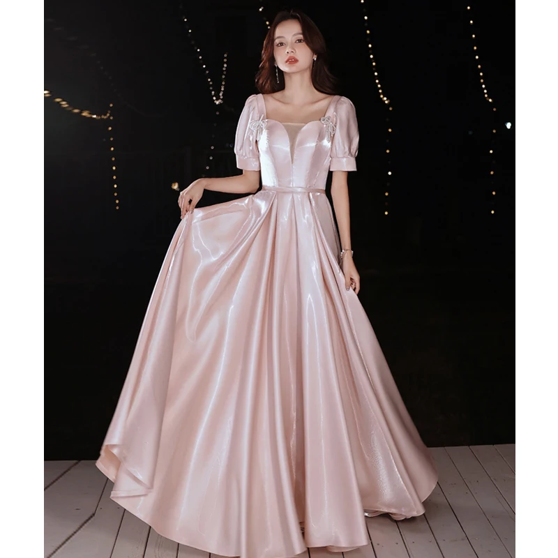 

Luxury Pink Satin Evening Dresses Long Elegant Square Neck A-Line Floor-Length Women Birthday Pary Gowns