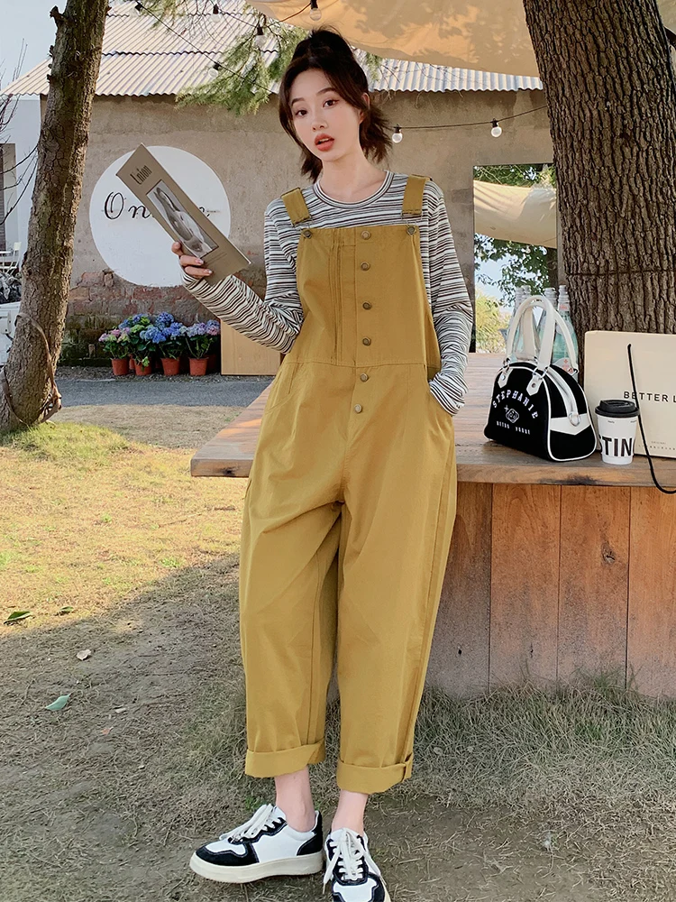 

Mustard Yellow Workwear Overalls Women's Spring Autumn Loose Fit Two Piece Set Fashionable Anti Aging Natural Waist Jeans