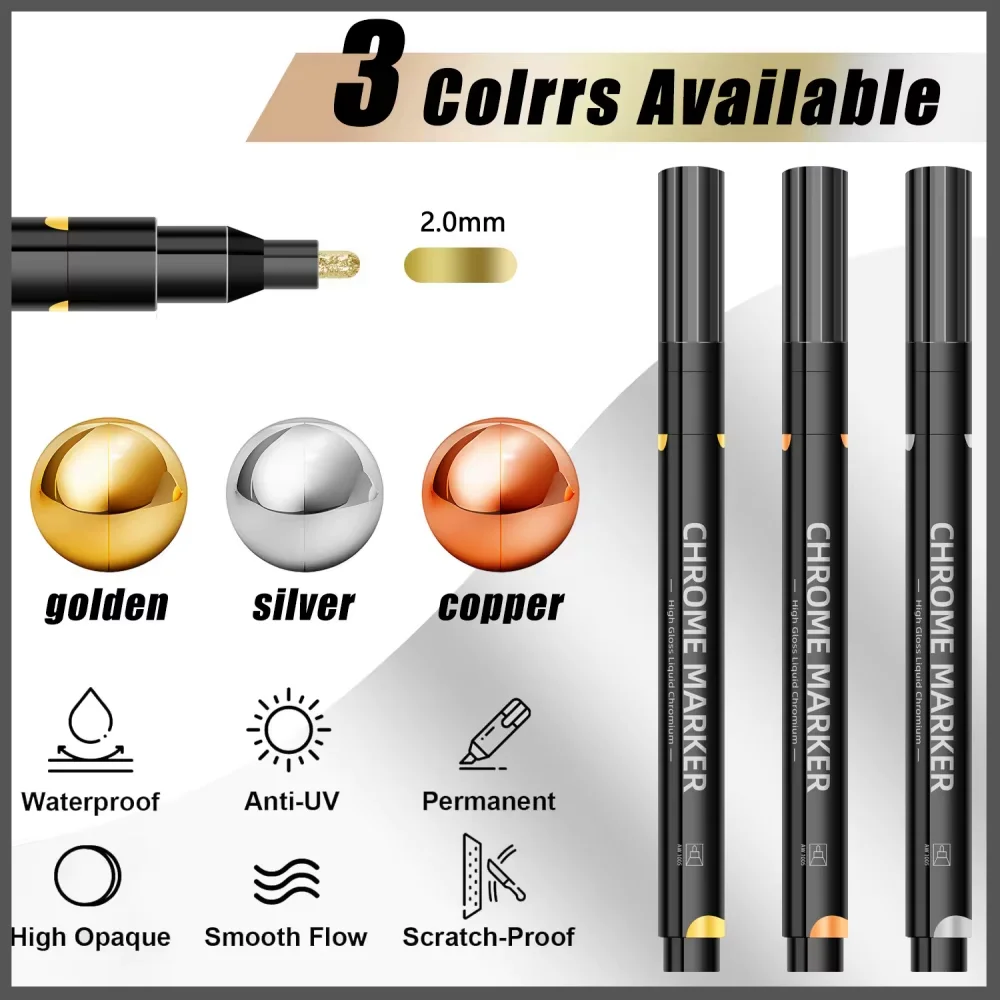 1/3pcs Mirror Marker Pen 2mm Tip Waterproof Chrome Pen Gold Silver Marker for Craft Model Glass Metallic Art Craftwor