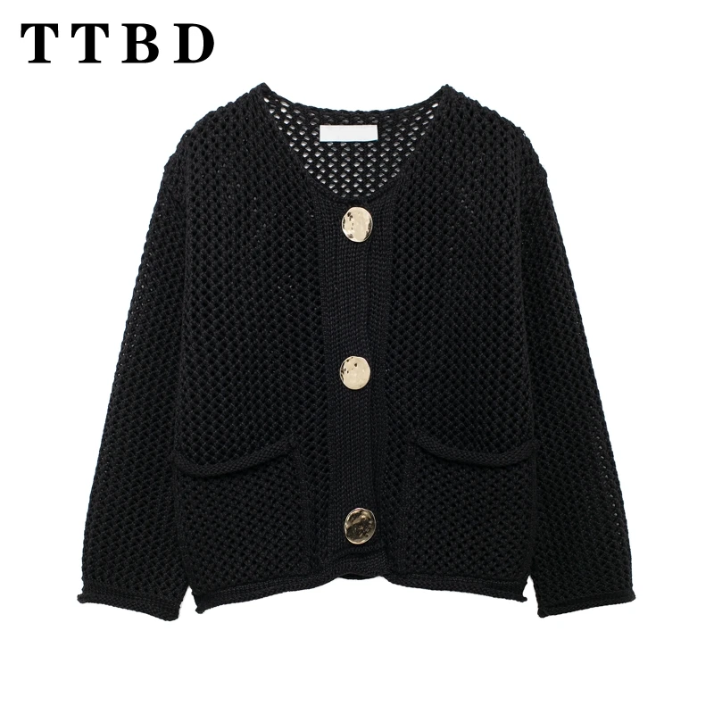 TTBD 2024 New Fall Female Vintage Solid Cardigan Women Chic Round Neck Long Sleeve Sweater Jacket Casual Knit Coat Fashion Top