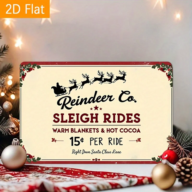 Reindeer Co. Sleigh Rides Tin Sign - Retro Vintage Christmas Metal Wall Decor with Santa Sleigh & Holly Design,  Durable Outdoo