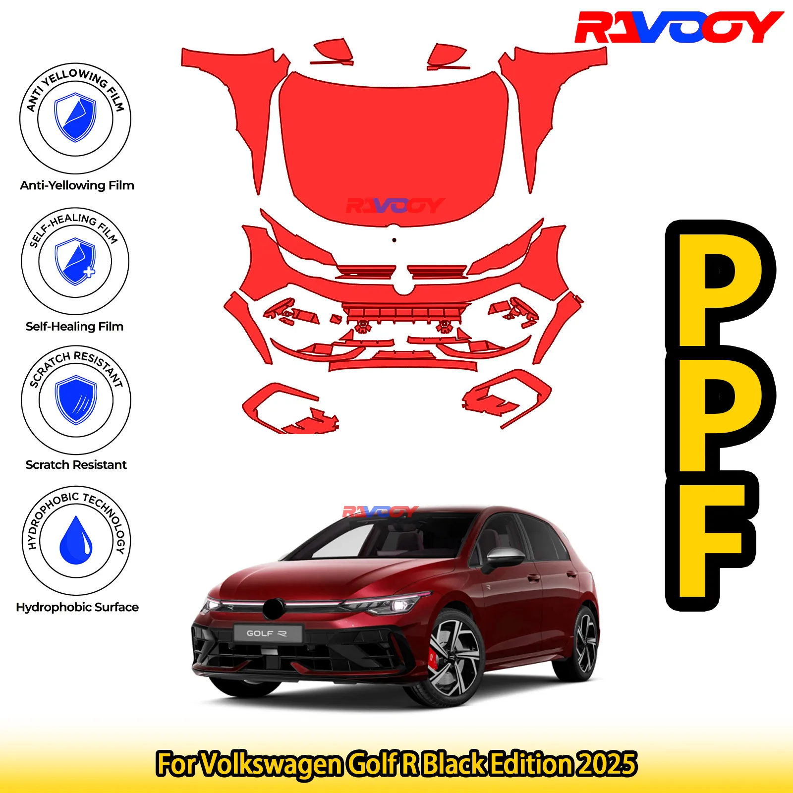 

For Volkswagen Golf R Black Edition 2025 Glossy Matte Black Precut front PPF Kit Paint Protection Film