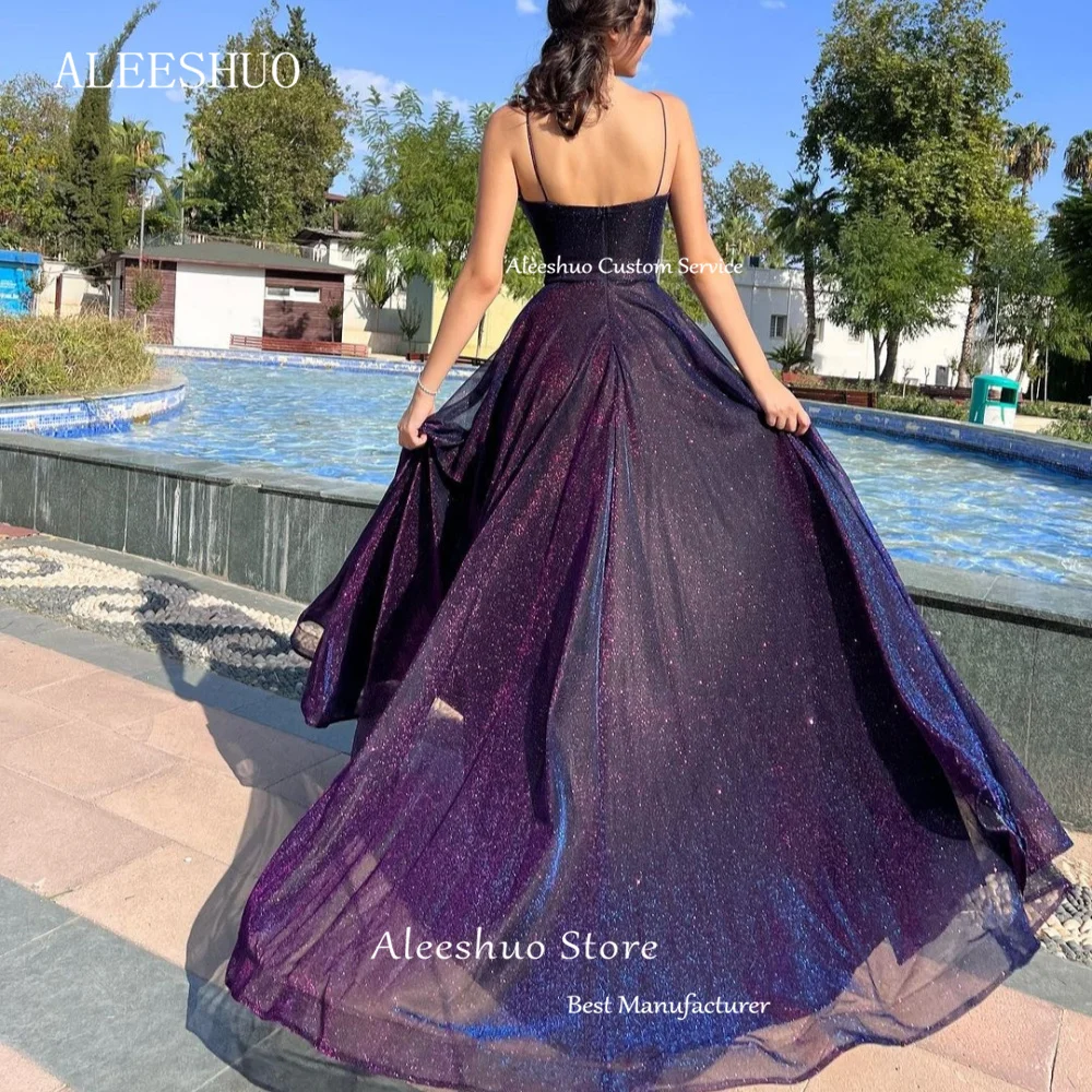 Aleeshuo Shiny Sparkly Dark Purple Long Evening Dresses Women Spaghetti Strap Boning Fitted Slim Glitter Prom Gowns Formal Party