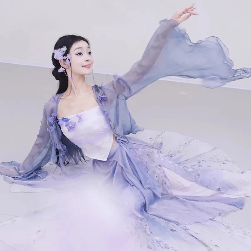 Classical Dance: Flowing Gauze Robes with Trumpet Sleeves, Draping Skirts, Performance Costumes, Training Suits