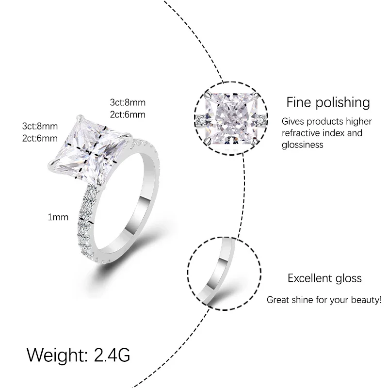 【JYJZZ193】Synthetic Moissanite S925 Sterling Silver 2CT Four Side Square Four Claw Micro Setting Design Fashion Feeling Fine Sta