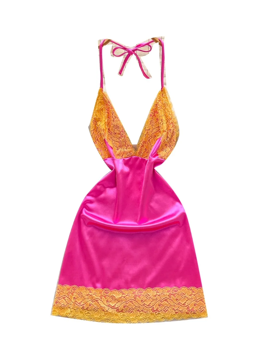 Foamlina celebridade vintage halter sling vestido feminino verão profundo decote em v renda guarnição cetim bodycon mini saia vestidos curtos