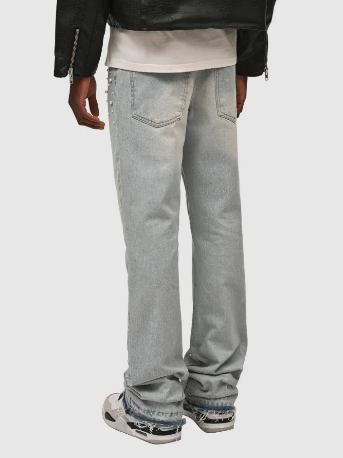 American retro washed letter spliced denim trousers high street trendy brand couple loose straight micro-flared long trousers