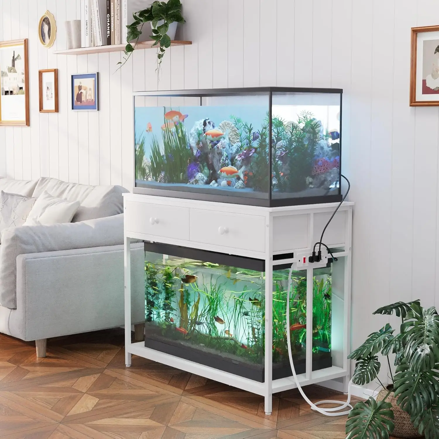 

40 Gallon Aquarium Stand with Power Outlet, Metal Frame Fish Tank Stand with Cabinet Storage, Double