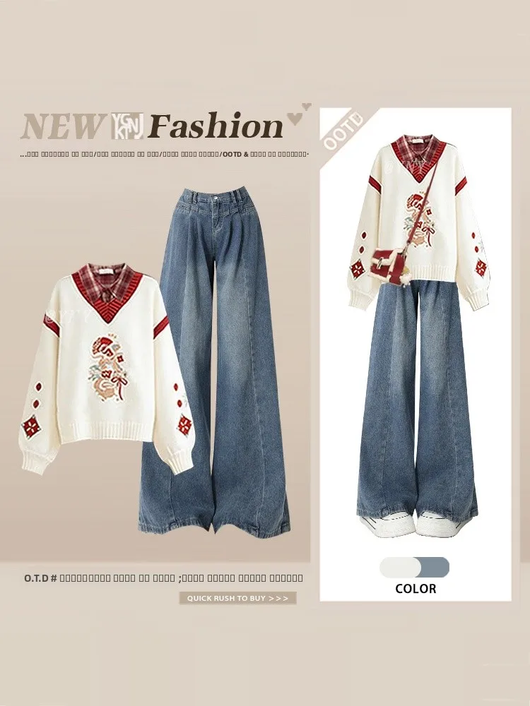 

Large Size Soft Color Blo V-Ne Patterned Sweater irt Jeans Tee-Piece Set Women's Early Spring Faion Ensemble