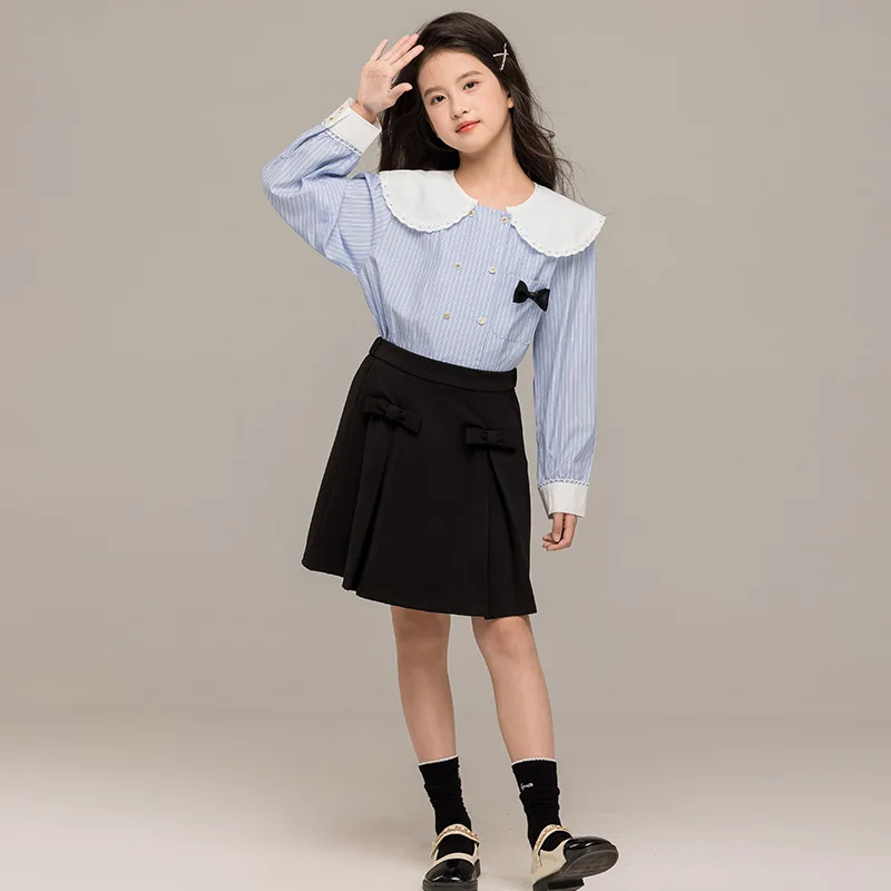 

Autumn Baby Girls Two-piece Dress Sets Bowknot Lapel Shirt+solid Skirt Kids Girls Dress Sets Long Sleeves Children Girls Dress