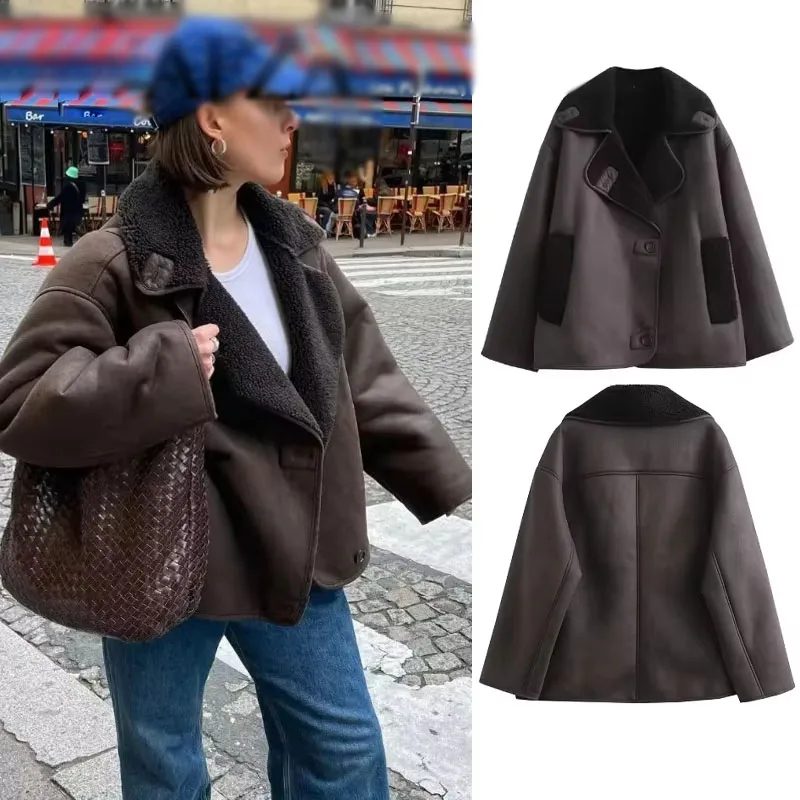 سترة نسائية شتوية موضة 2024 باللون البني سترة كلاسيكية غير رسمية من الصوف الصلب بأكمام طويلة معطف نسائي عتيق بطية صدر السترة