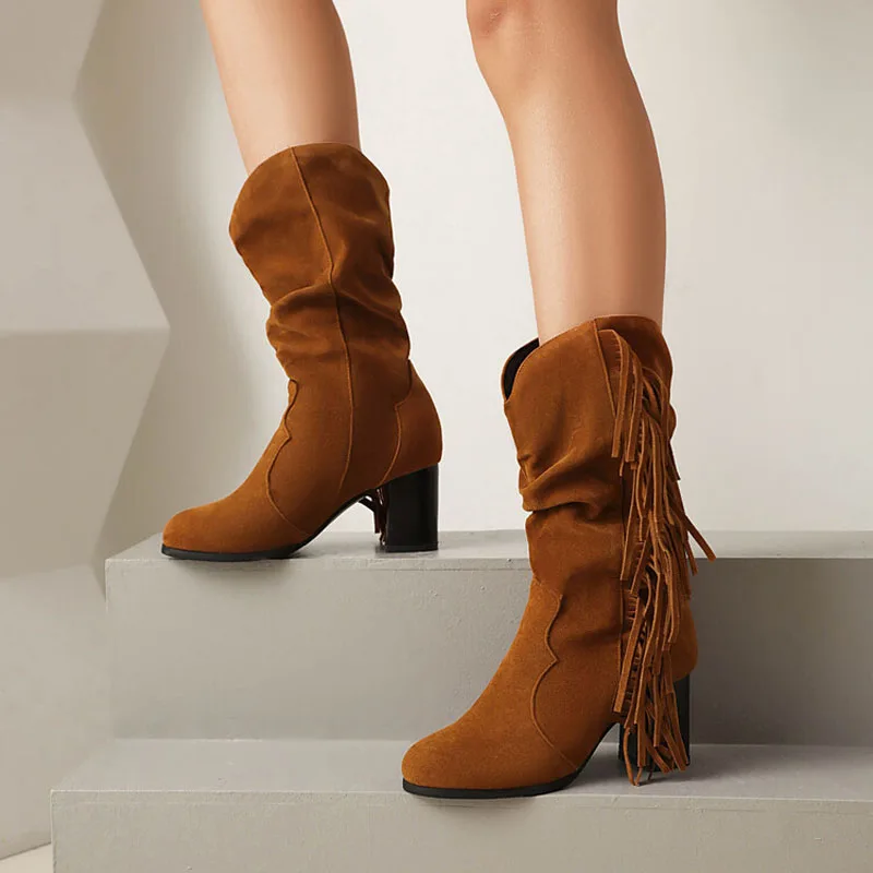 

2026 Autumn Winter Midi Calf Boots Women's Modern Boots High Heel Tassel Decor Casual Women Shoes botas mujer Custom WSH5212