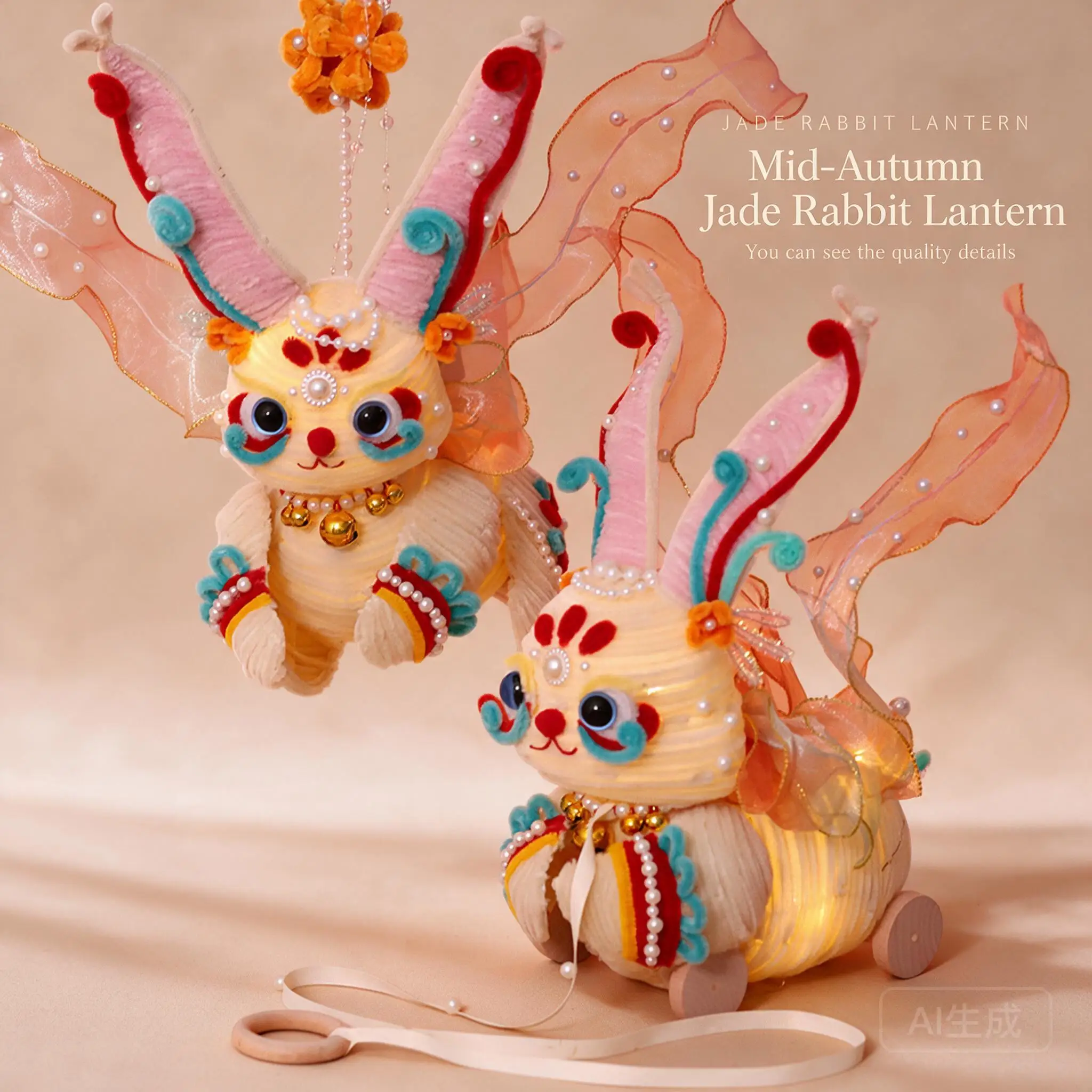 Diy Mid Autumn Festival Jade Rabbit Lantern Kit Handmade Pipe Cleaner Glowing Handheld Or Rolling Wheel Set For Kids Party Decor