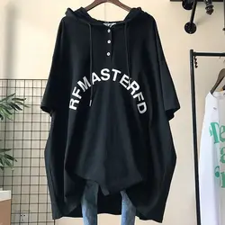 Summer New Hooded Medium Long Short Sleeve T Shirt Tops Letter Printing Loose Pullovers Fashion Casual Women Clothing