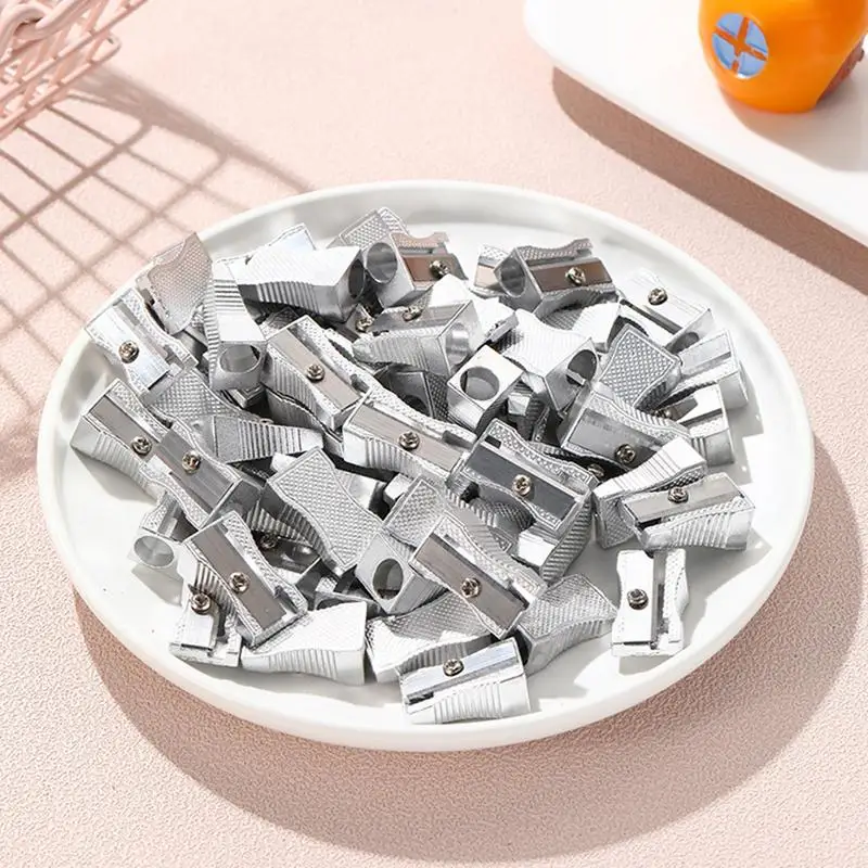 Pequeno alumínio liga Bevel lápis Sharpener, Metal lápis Sharpener, único furo, estudantes e sala de aula, 10 pcs