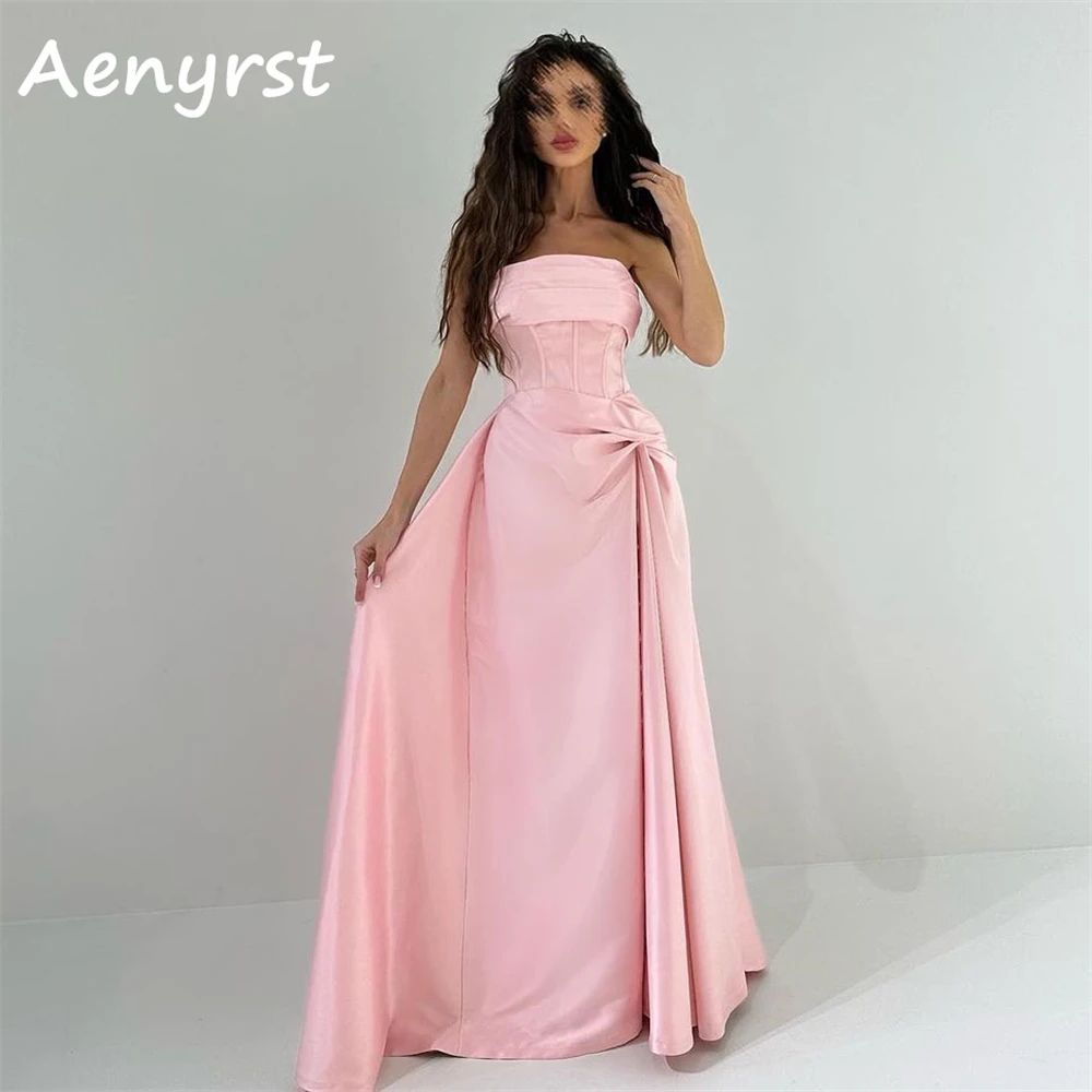 Aenyrst Roze Strapless Geplooide Prom Jurken Satijn Straight Avondjurken Vloerlengte Verjaardagsfeestjurk Elegant فساتين السهرة