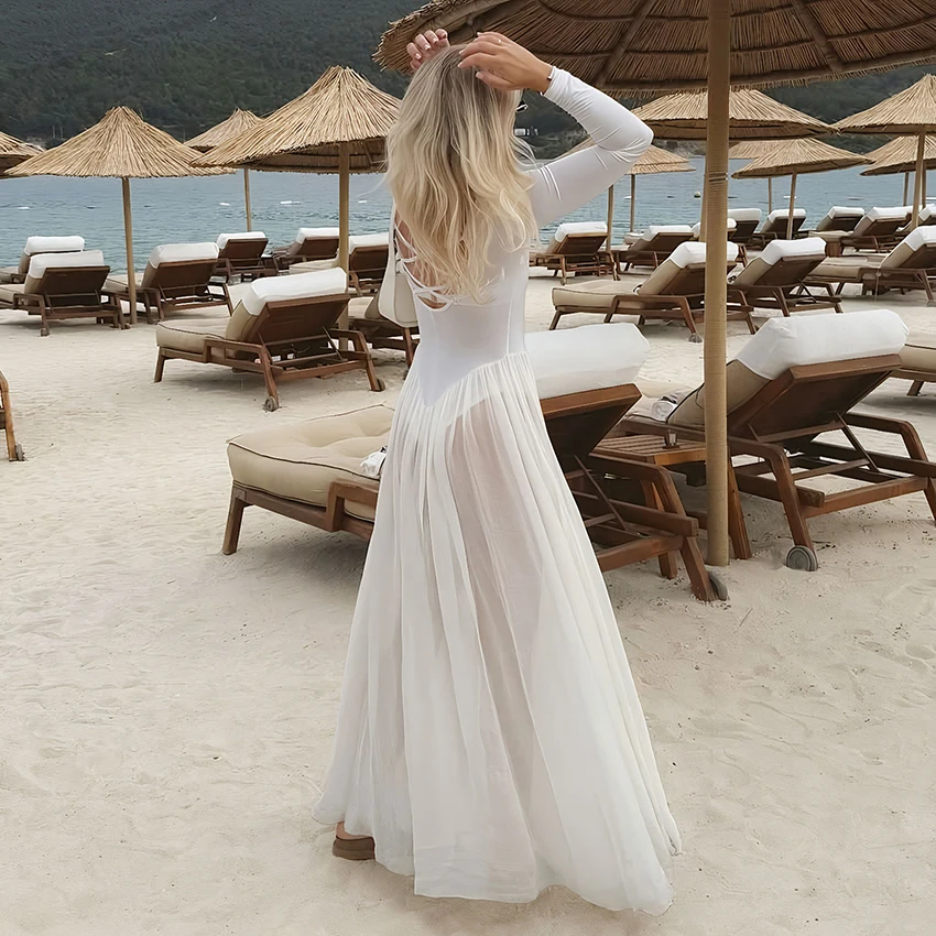 Linad elegante abito lungo in maglia bianca stile spiaggia abiti spaccati a vita alta femminile sexy velato o collo abito diviso donna 2025 nuovo