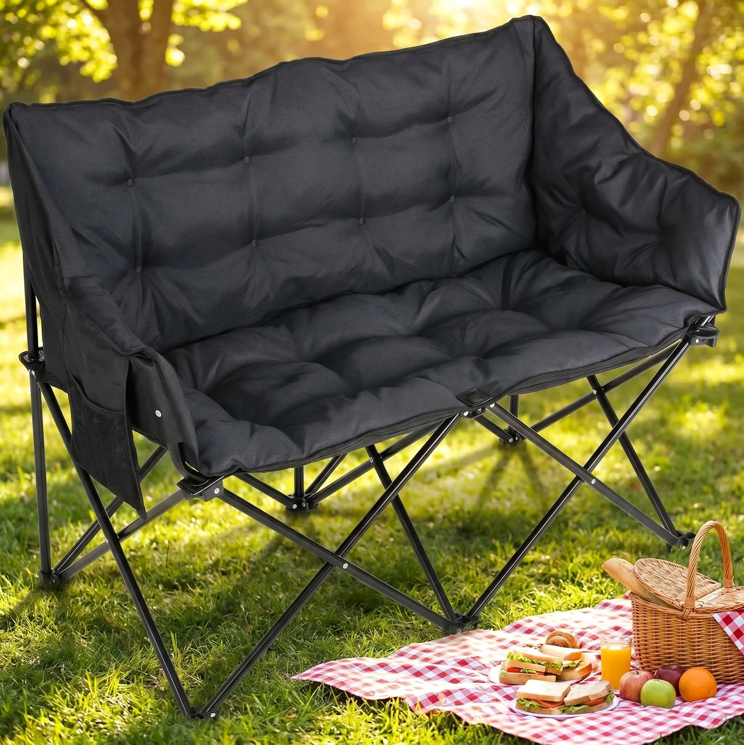 Chaise de camping pliable pour 2 personnes, chaise de camping rembourrée, poche arrière, sac de rangement, poche latérale, pour la pêche, la plage, le jardin, le parc