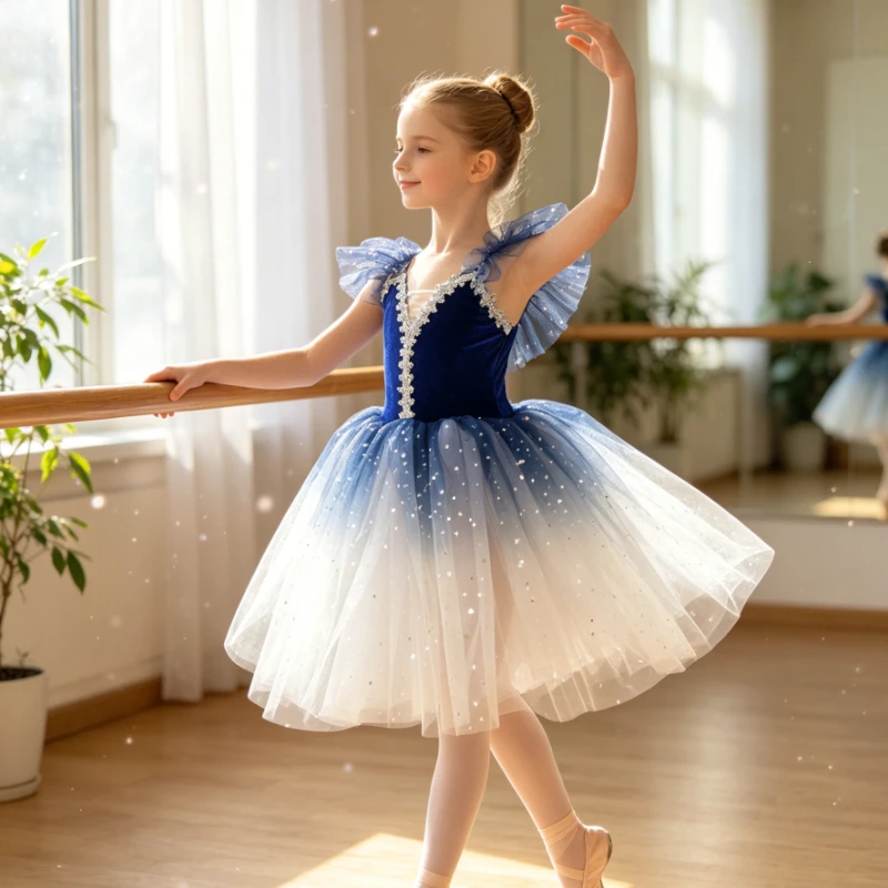 Professional Long Starry Ballet Tutu Dress, Velvet Tops Gradient Star Sequin Fluffy Skirt, Fairy Ballet Costume for Performance