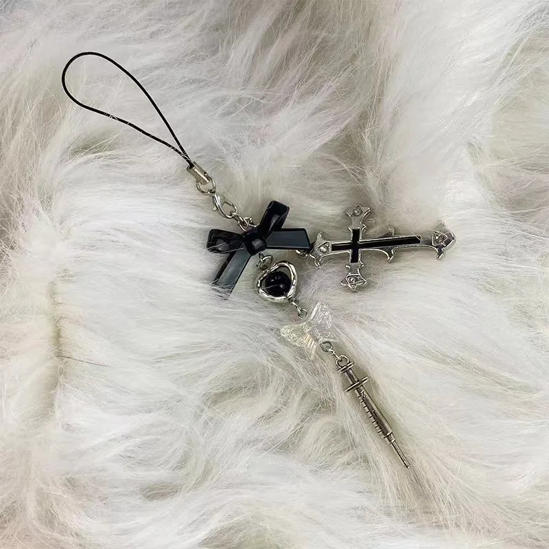 Popular butterfly cross syringe mobile phone chain ins retro Y2K millennial style Korean keychain bag pendant, gift decoration a