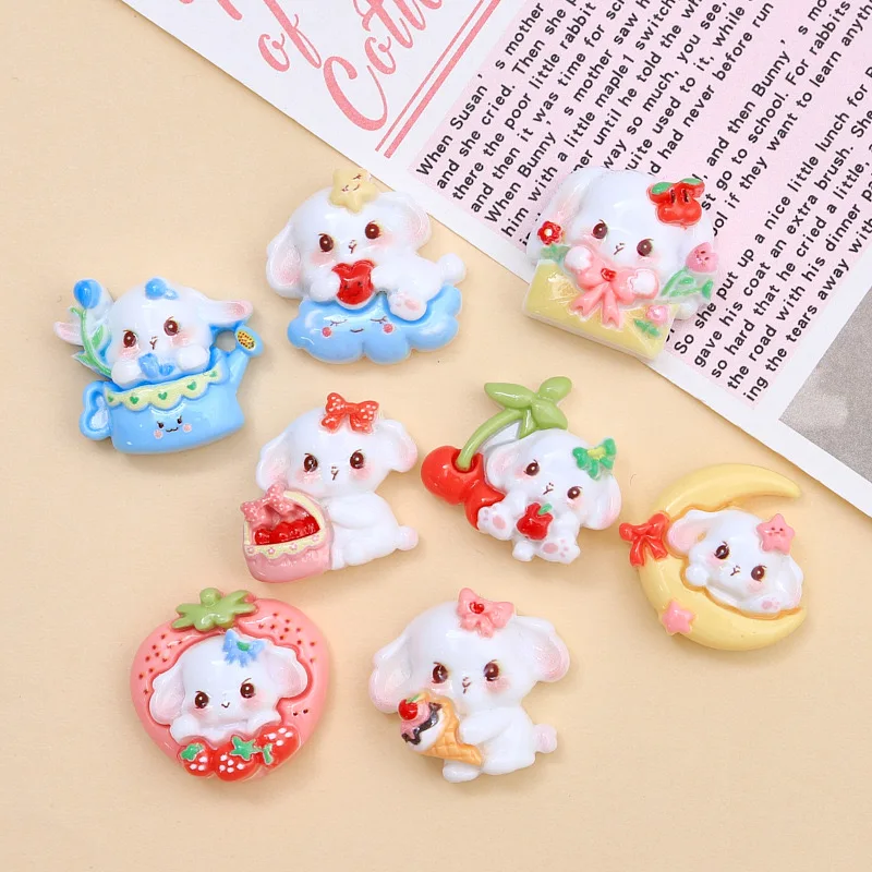 10 Pcs New Resin Cute Cartoon Rabbit, strawberry Flat bottom Scrapbook Diy Jewelry hair clips Phone case Ornament Accessories