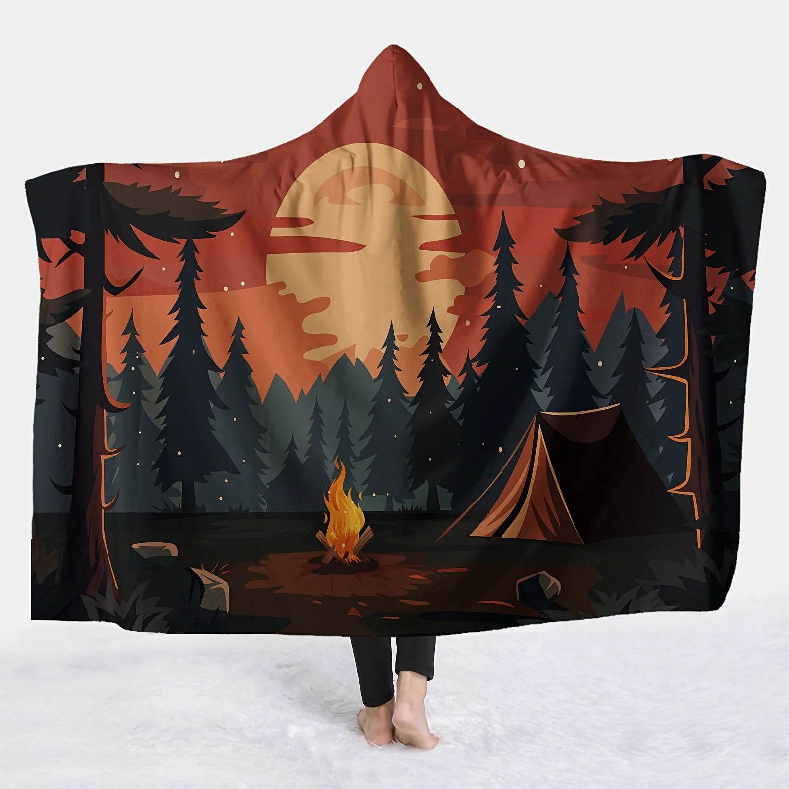 Contemporary Style Wearable Camping Pattern Hooded Blanket - Machine Washable Digital Print Flannel Throw Soft Warm