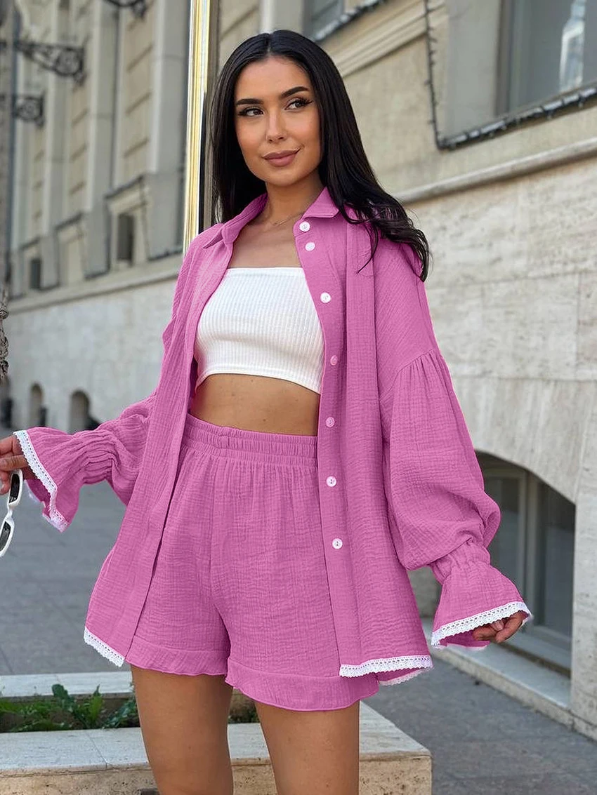 Marthaqiqi Casual Ladies Sleepwear Sets Turn-Down Collar Nightgowns Long Sleeve Nightwear Shorts Loose Pink Female Pajamas Suit