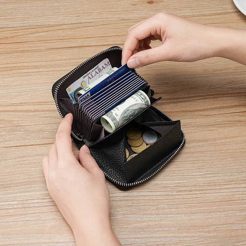 Japanese Style Genuine Leather Organizer Card Case Holder Mini Short Wallet RFID Cowhide Women's Coin Purse with Multi Card slot