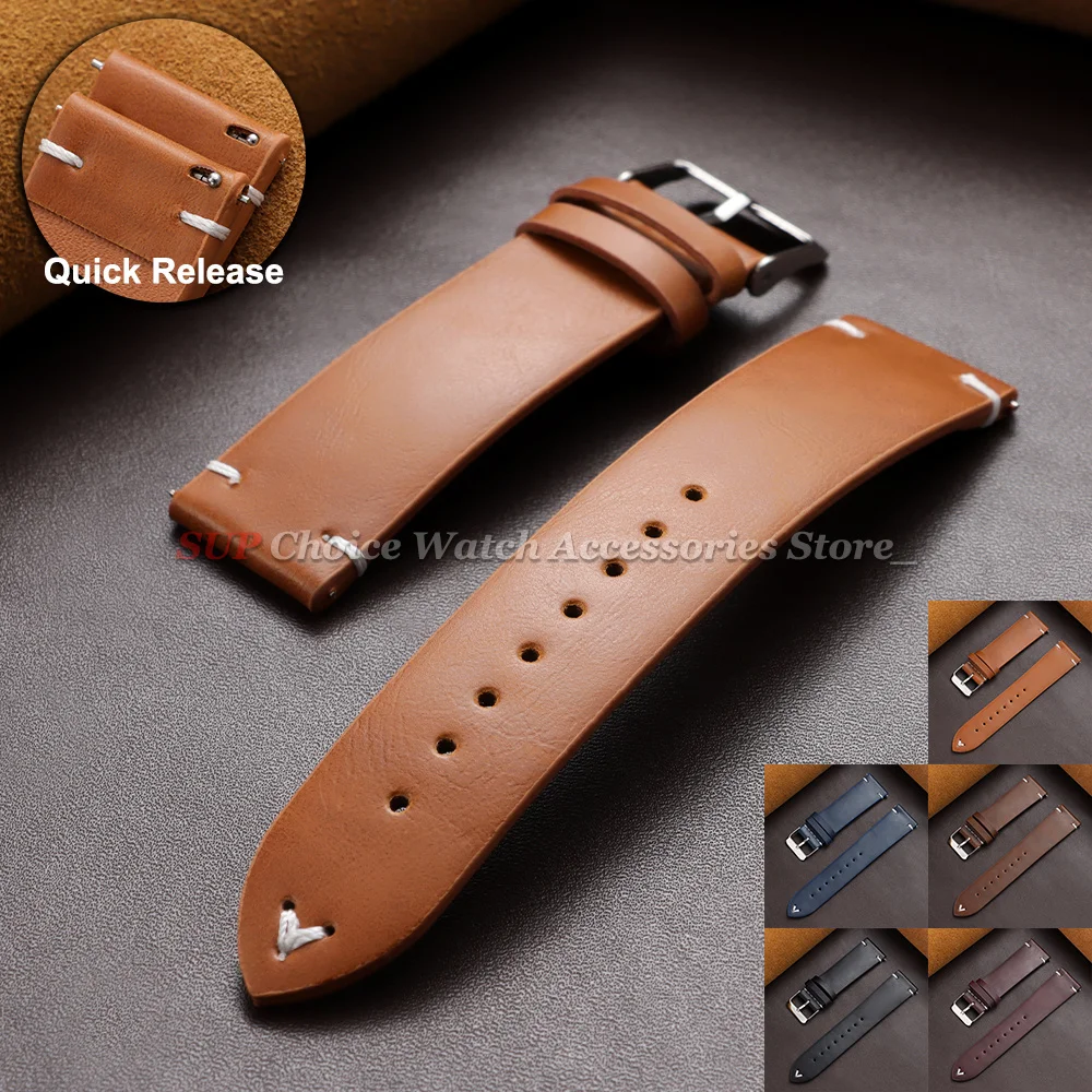 Bracelet de montre vintage en cuir huilé 18mm 20mm 22mm pour hommes et femmes, en cuir de vachette, à dégagement rapide, universel, marron et noir