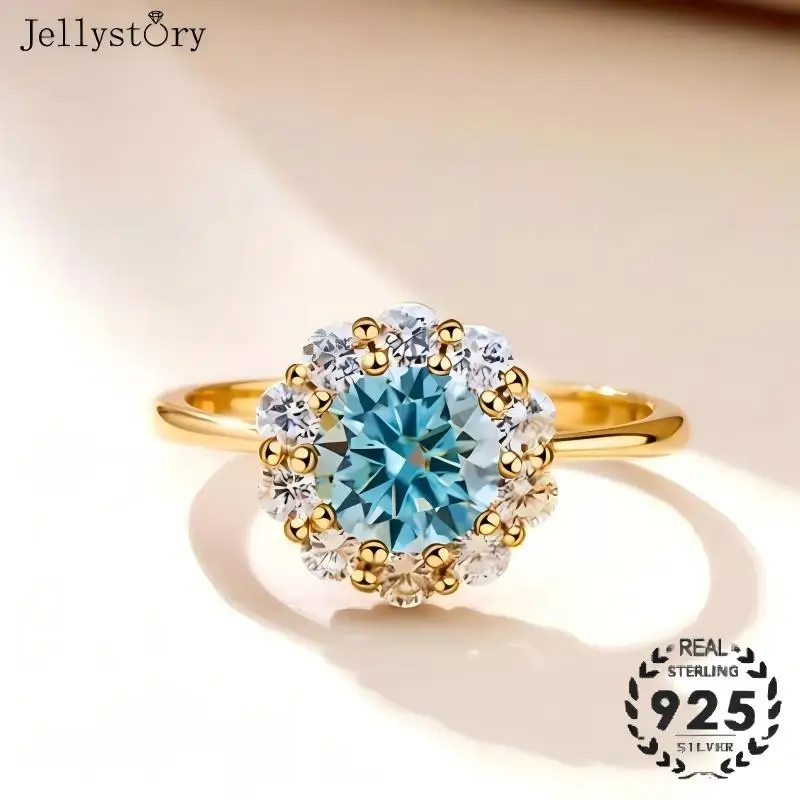 Jellystory 1CT Moissanite Halo Ring S925 Sterling Silver Flower Surrounded Engagement Wedding Ring Fine Jewelry Gift For Women
