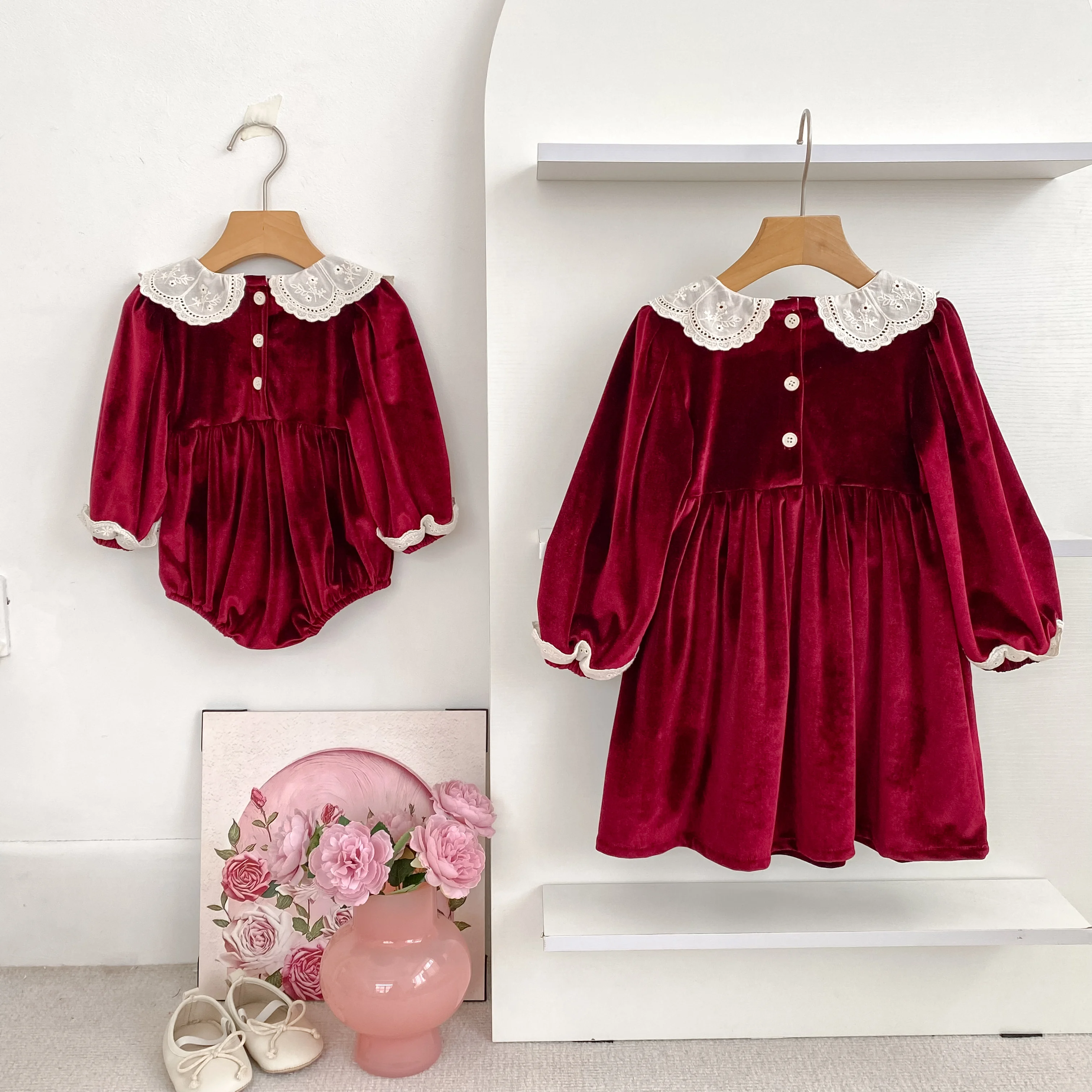 Neue Weihnachten Kinder Party Kleid Baby Bodys Schwestern Kleidung Herbst Schwestern Mädchen Prinzessin Kleid Spitze Rot Neue Jahr Kinder Kleidung – Detail 2