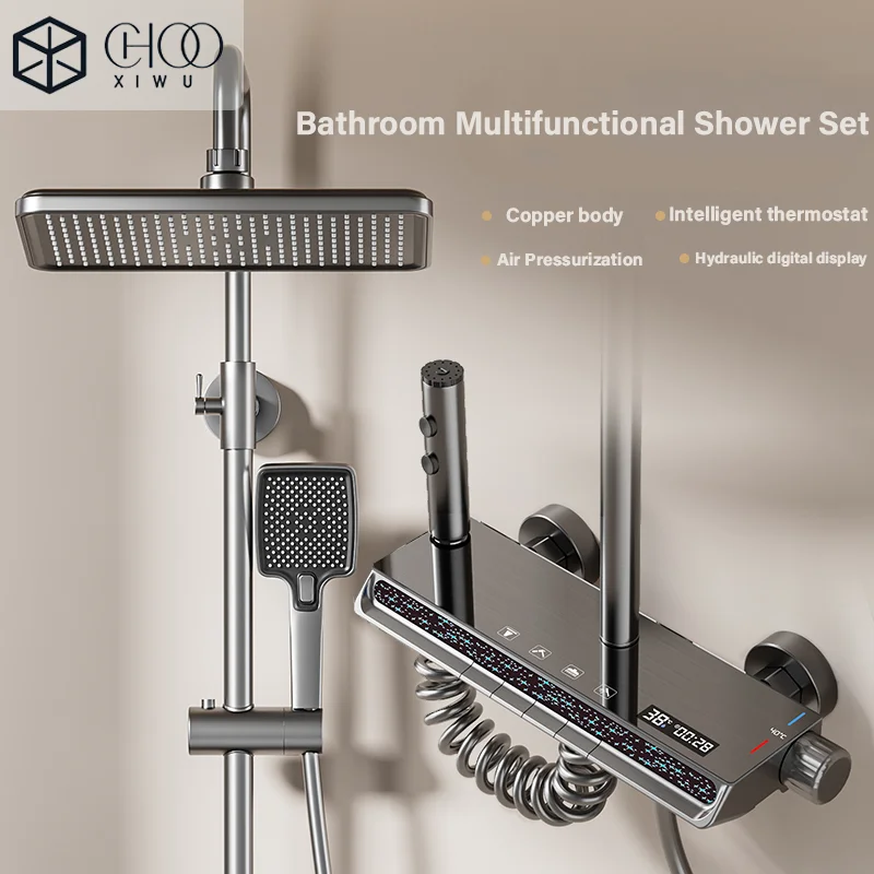 

CHOOXIWU-Gray Piano Keys Shower System Set Multifunctional Temperature Display Hotels Apartments Bathrooms Shower Set