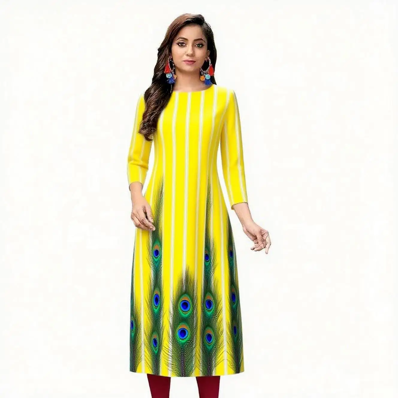 Vestido Kurt informal, moderno y cómodo para mujer, manga larga, tubo recto, informal, étnico, cuello redondo, diseño de tamaño regular.