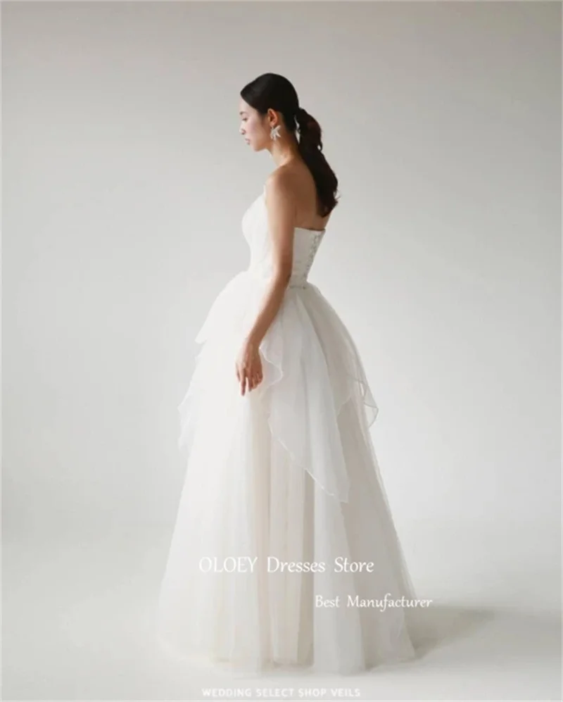 OLOEY elegante una linea abiti da sposa corea servizio fotografico senza spalline morbido Tulle lunghezza del pavimento principessa abiti da sposa corsetto indietro