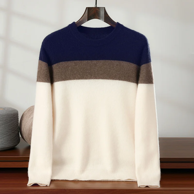 

Trendy Men's 100% Pure Cashmere Pullover High Quality Striped Knit Sweater Loose Round Neck Tops Thick Luxury Brand Pull Jumper