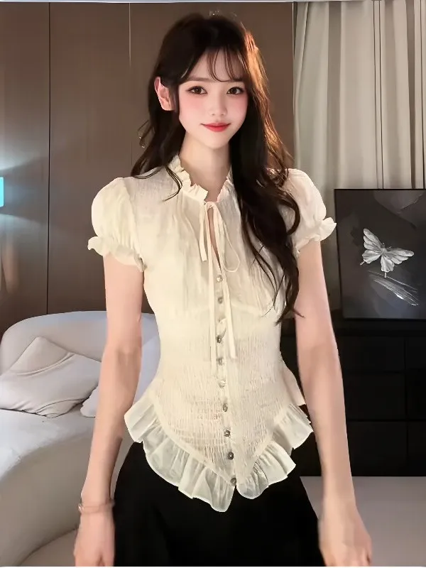 

Retro Sweet Sle Bubble Sve Bow Tie Ruffle Hem irt Women's Spring Summer Faion Slimming Slim Fit Slimming Top